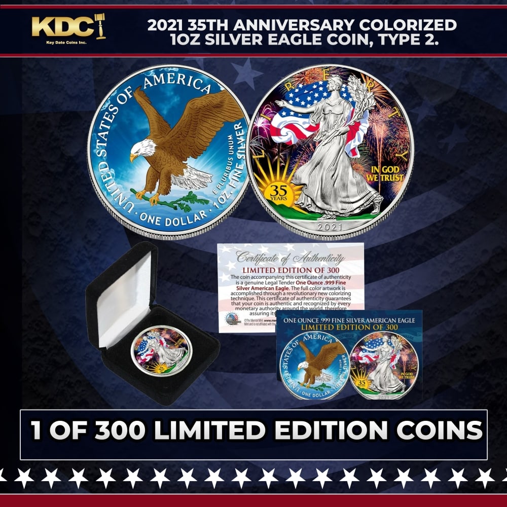 2021 35th Anniversary Colorized Limited Editon 1oz Silver Eagle Coin, Limited to 300. Type 2. Other: 2021 35th Anniversary Colorized Limited Editon 1oz Silver Eagle Coin, Limited to 300. Type 2.. This stunning 2021 1 oz Silver American Eagle features a vibrant colorized background on the obverse and 