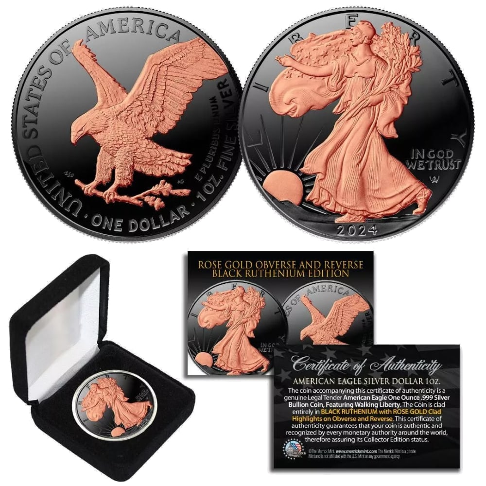 2024 Black Ruthenium & 23K Rose Gold Gilded 1oz American Silver Eagle Coin, BU Coin w/ Box & COA ... - 2