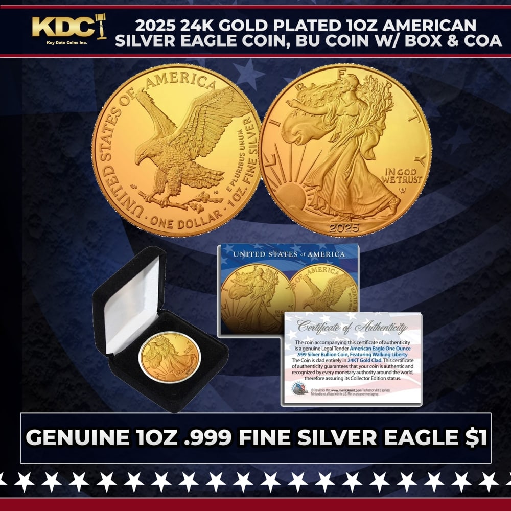 2025 24K Gold Plated 1oz American Silver Eagle Coin, BU Coin w/ Box & COA Other Toy (1 of 2)