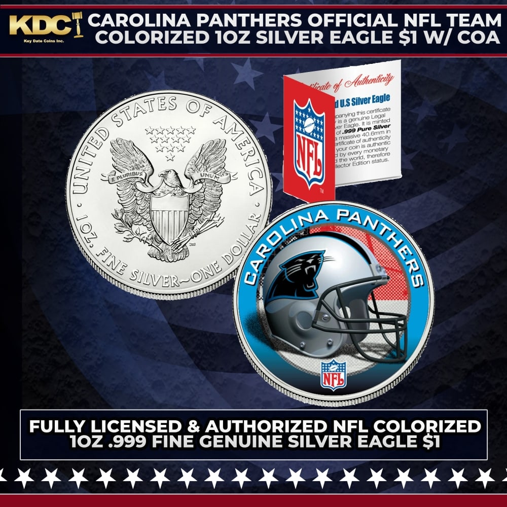 Carolina Panthers Official NFL Team Colorized 1oz Silver Eagle $1 w/ COA Other Toy: Carolina Panthers Official NFL Team Colorized 1oz Silver Eagle $1 w/ COA. This is your chance to own a fully licensed & authorized NFL colorized .999 Fine Silver Eagle $1 coin, beautifully enhanced wi