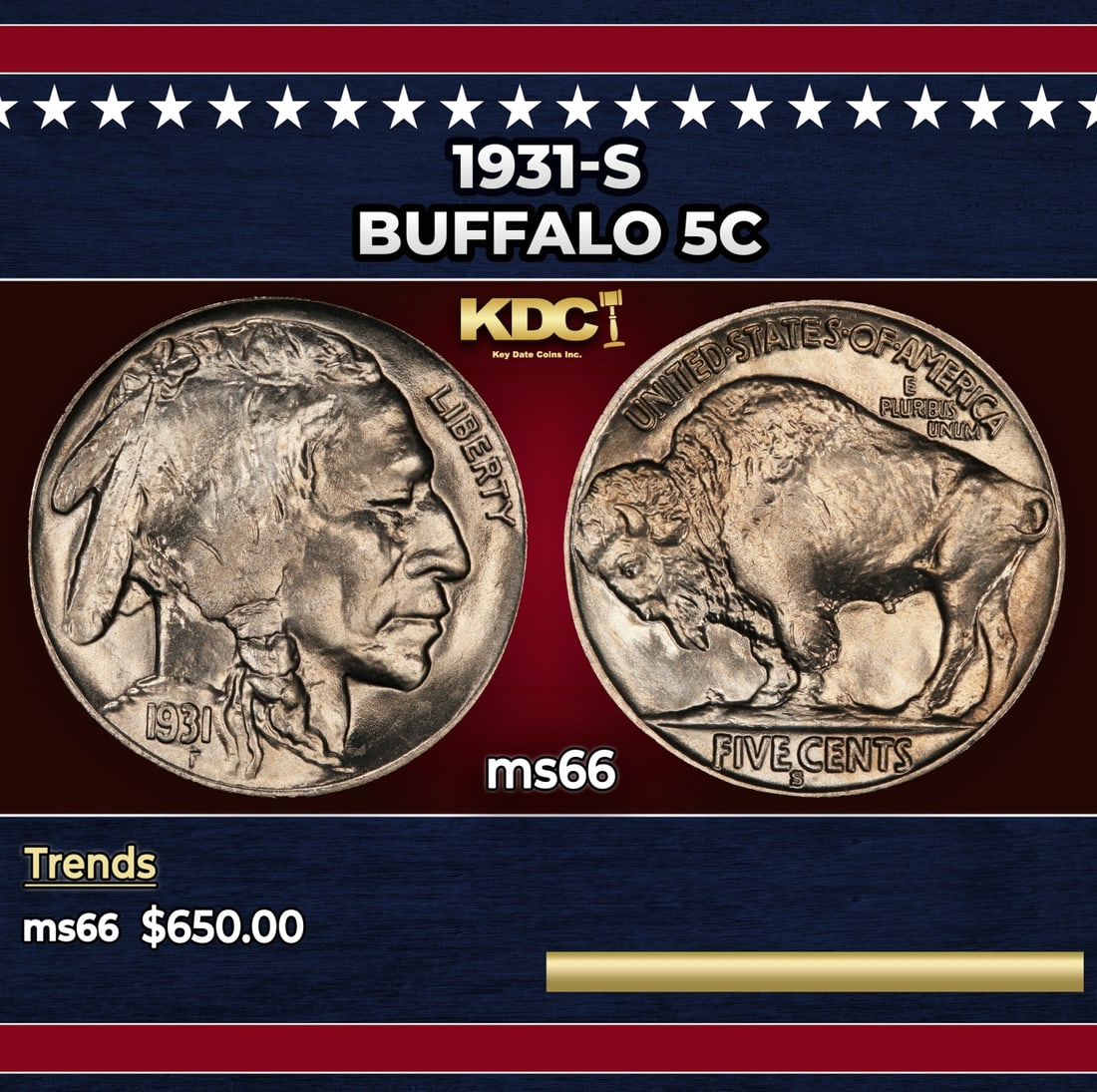 1931-s Buffalo Nickel 5c Grades ms66 (1 of 3)