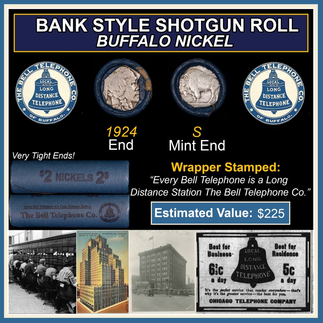 Buffalo Nickel Shotgun Roll in Old Bank Style 'Bell Telephone' Wrapper 1924 & S Mint Ends: Buffalo Nickel Shotgun Roll in Old Bank Style 'Bell Telephone' Wrapper 1924 & S Mint Ends. The roll is held in an old, rare "Bell Telephone Co." Bank style wrapper. This is the Bell Telephone logo