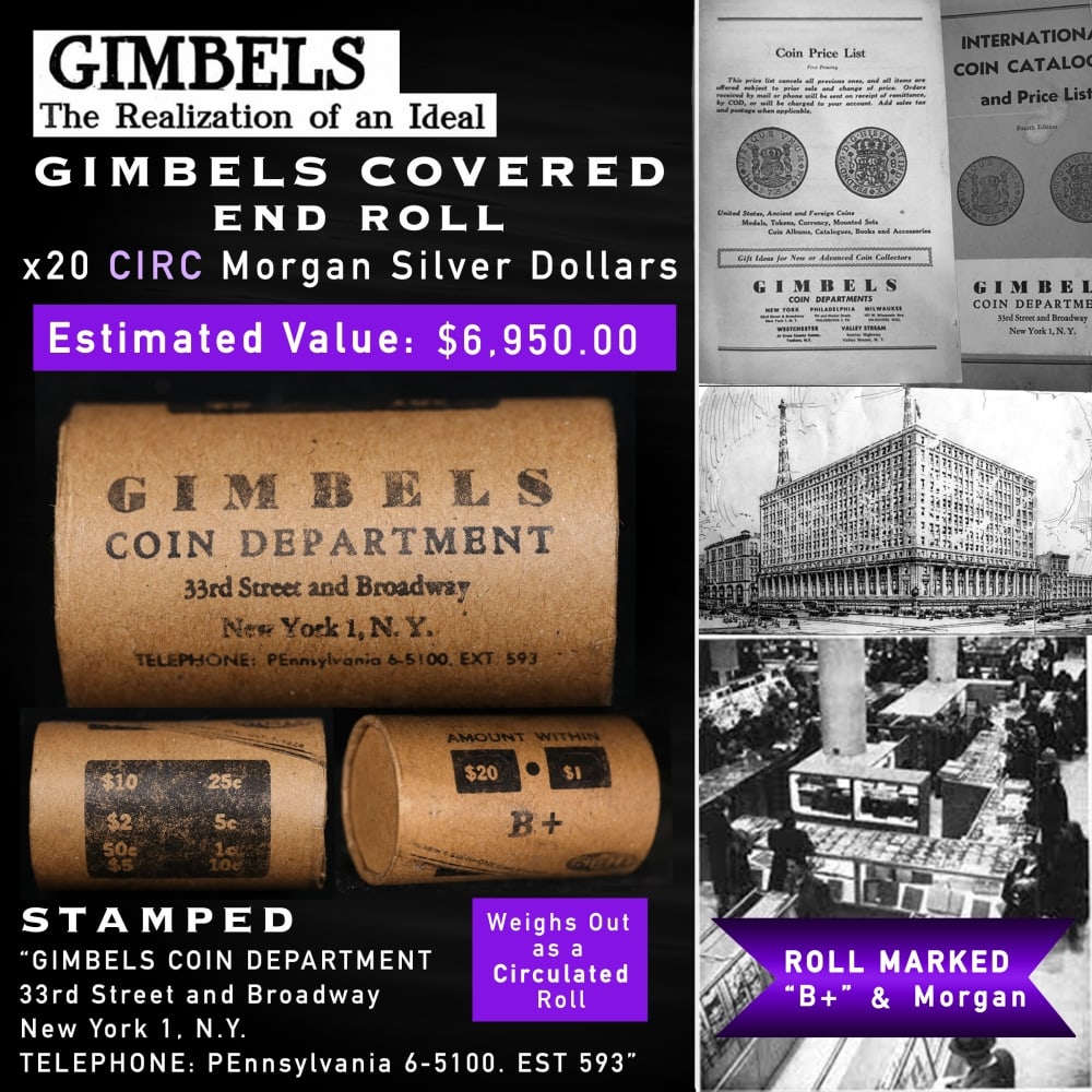 GIMBLES Circ Morgan Roll 20 Coin B+ Condition: GIMBLES Circ Morgan Roll 20 Coin B+ Condition. Up For Auction is a 138- GIMBLES Circ Morgan Roll 20 Coin B+ Condition Roll Weighing 534.9 g Based On this weight this is a Circ Roll We are very