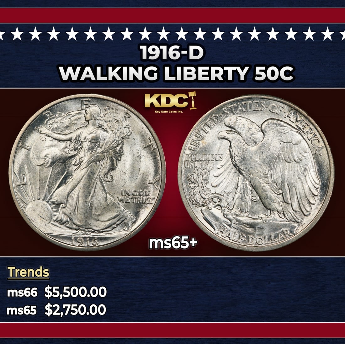 1916-d Walking Liberty Half Dollar 50c ms65+ SEGS: 1916-d Walking Liberty Half Dollar 50c ms65+ SEGS.