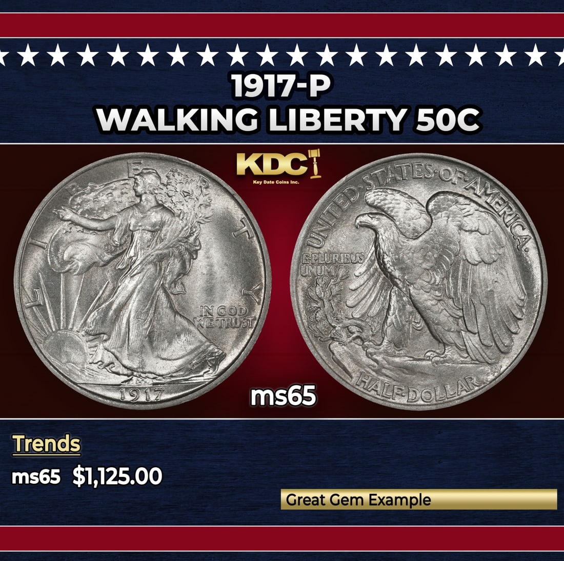 1917-p Walking Liberty Half Dollar 50c ms65 SEGS: 1917-p Walking Liberty Half Dollar 50c ms65 SEGS.
