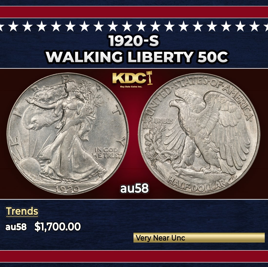 1920-s Walking Liberty Half Dollar 50c au58 SEGS: 1920-s Walking Liberty Half Dollar 50c au58 SEGS.