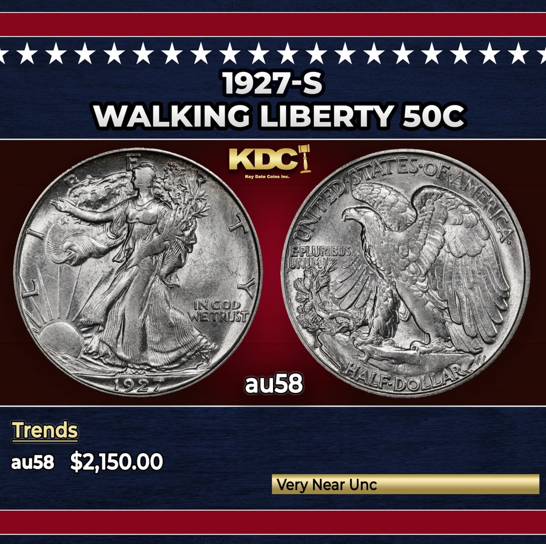 1927-s Walking Liberty Half Dollar 50c au58 SEGS: 1927-s Walking Liberty Half Dollar 50c au58 SEGS.