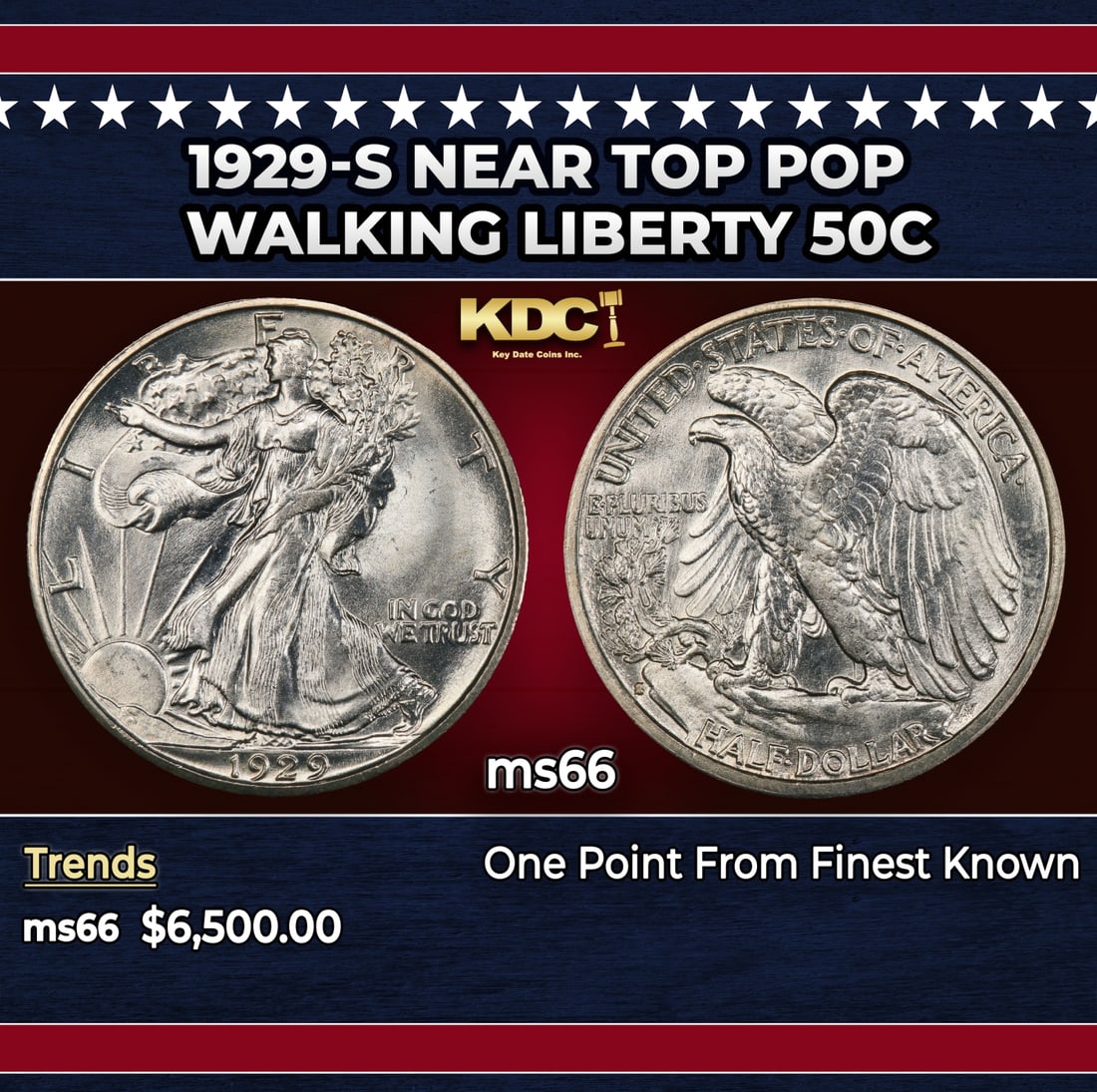 1929-s Walking Liberty Half Dollar Near Top Pop 50c ms66 SEGS: 1929-s Near Top Pop Walking Liberty Half Dollar 50c ms66 SEGS.