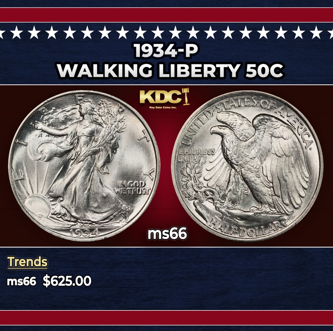 1934-p Walking Liberty Half Dollar 50c Grades ms66: 1934-p Walking Liberty Half Dollar 50c Grades ms66.