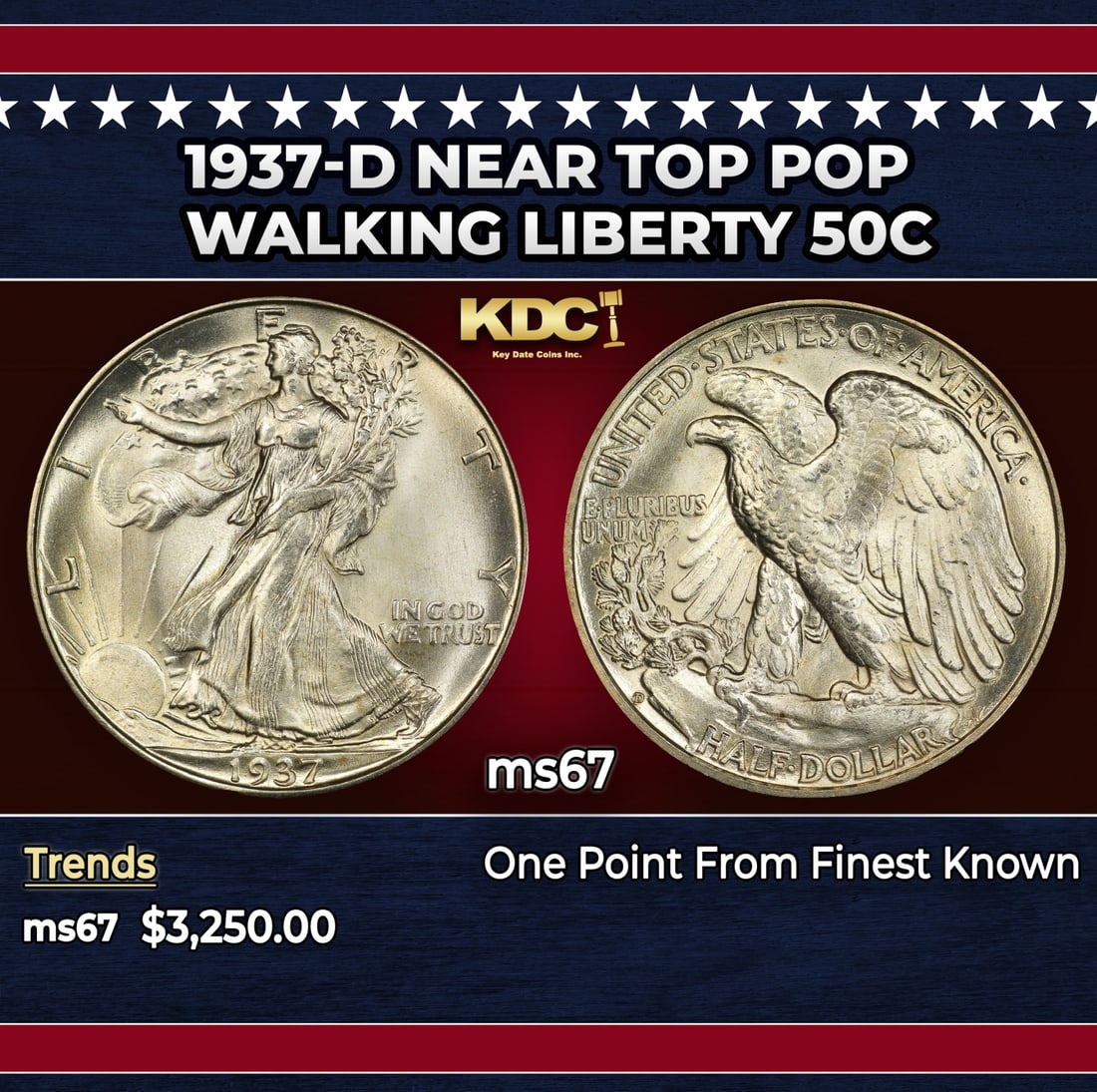 1937-d Walking Liberty Half Dollar Near Top Pop 50c ms67 SEGS: 1937-d Near Top Pop Walking Liberty Half Dollar 50c ms67 SEGS.