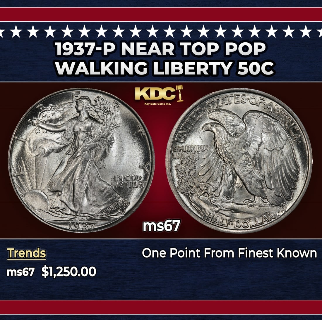 1937-p Walking Liberty Half Dollar Near Top Pop 50c ms67 SEGS: 1937-p Near Top Pop Walking Liberty Half Dollar 50c ms67 SEGS.