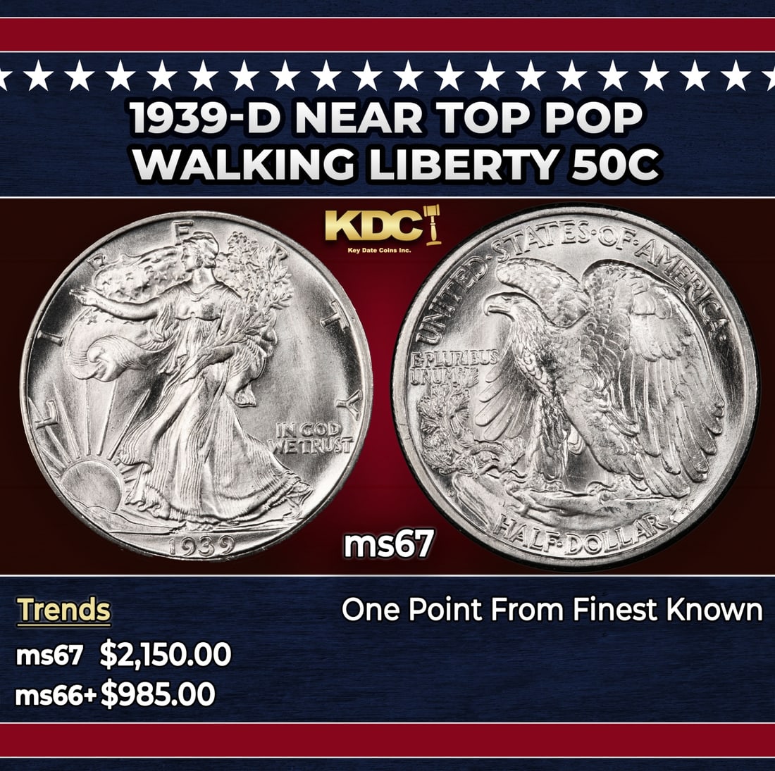 1939-d Walking Liberty Half Dollar Near Top Pop 50c ms67 SEGS: 1939-d Near Top Pop Walking Liberty Half Dollar 50c ms67 SEGS.