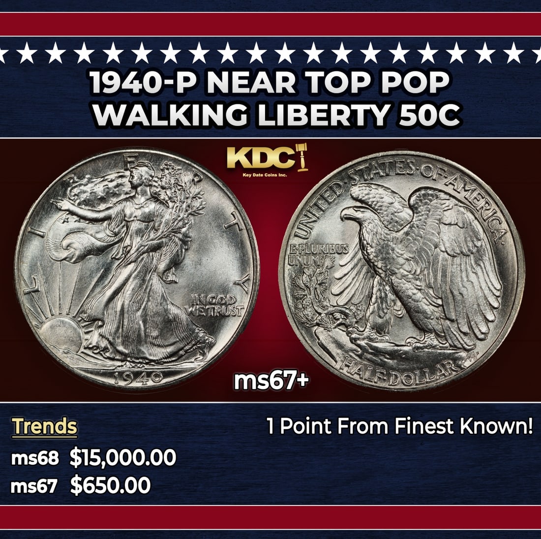 1940-p Walking Liberty Half Dollar Near Top Pop 50c ms67+ SEGS: 1940-p Near Top Pop Walking Liberty Half Dollar 50c ms67+ SEGS.
