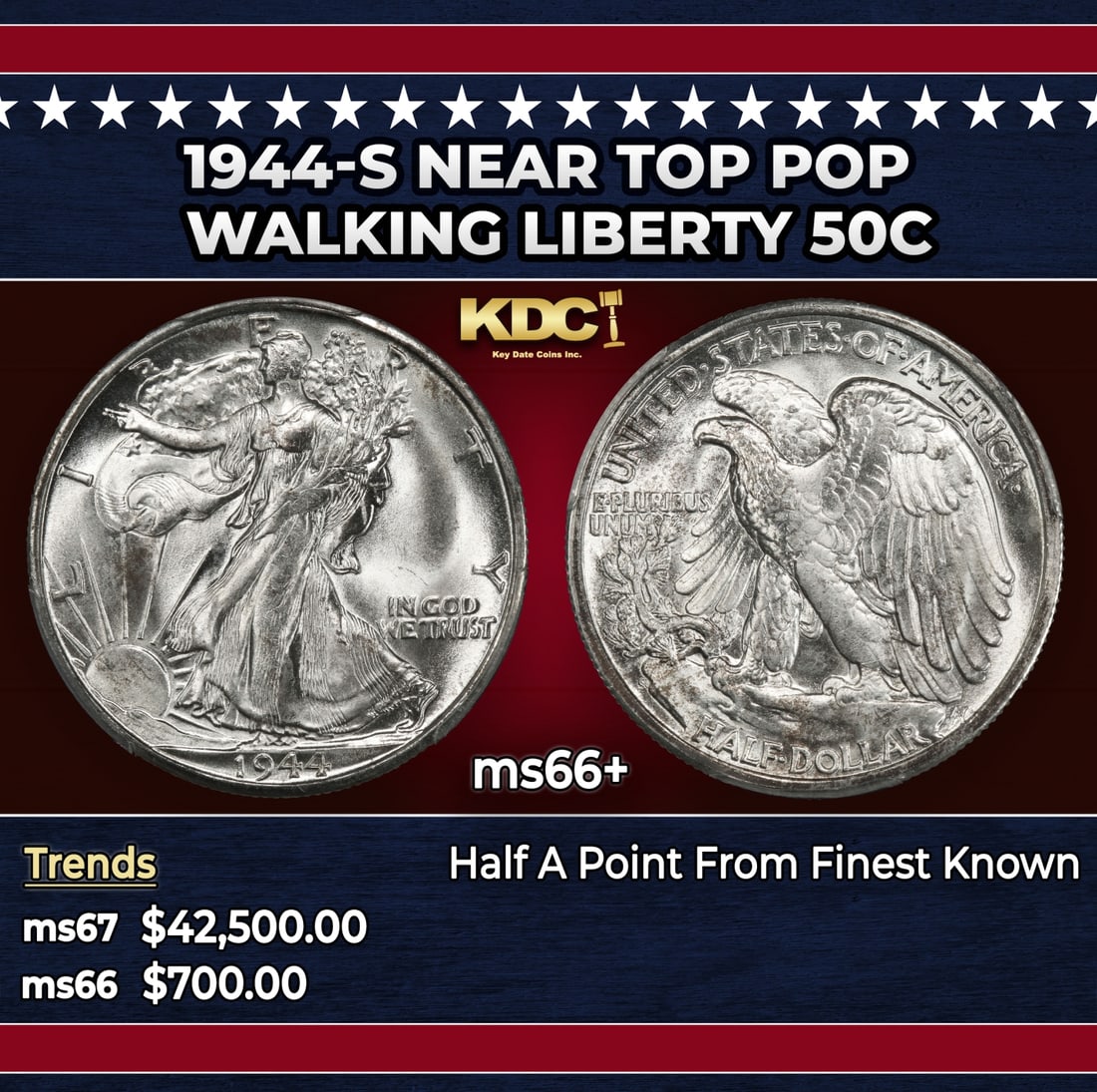 1944-s Walking Liberty Half Dollar Near Top Pop 50c ms66+ SEGS: 1944-s Near Top Pop Walking Liberty Half Dollar 50c ms66+ SEGS.