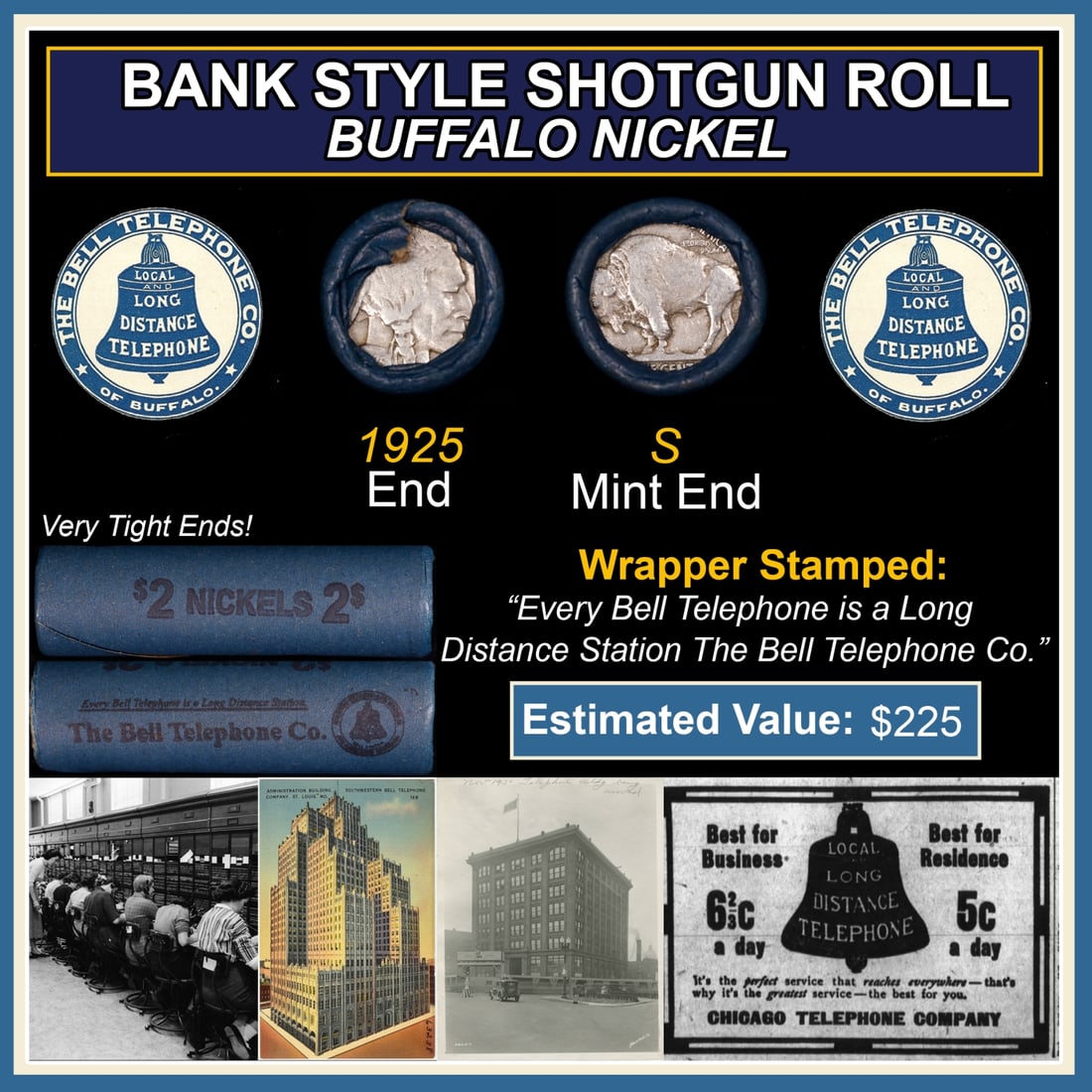 Buffalo Nickel Shotgun Roll in Old Bank Style 'Bell Telephone' Wrapper 1925 & S Mint Ends: Buffalo Nickel Shotgun Roll in Old Bank Style 'Bell Telephone' Wrapper 1925 & S Mint Ends. The roll is held in an old, rare "Bell Telephone Co." Bank style wrapper. This is the Bell Telephone logo