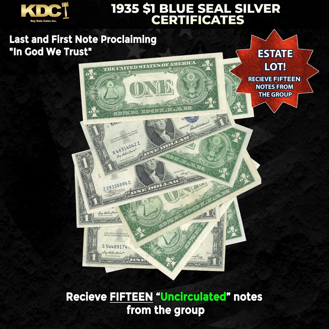 15x 1935 $1 Blue Seal Silver Certificates Grades CU: 15x 1935 $1 Blue Seal Silver Certificates Grades CU. Silver Certificates were redeemable in Silver. One of their most distinctive qualities is the blue Treasury seal and serial numbers. These notes