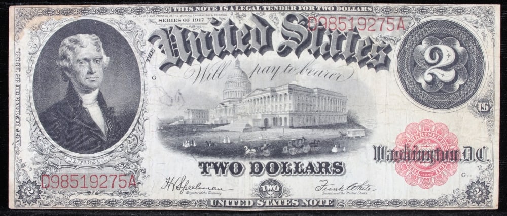 1917 $2 Large Size Legal Tender Note Thomas Jefferson Grades Select AU Signatures Speelman/White - 2