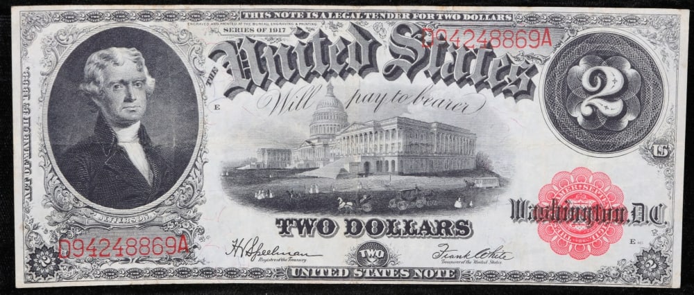 1917 $2 Large Size Legal Tender Note Thomas Jefferson Grades Choice AU Signatures Speelman/White - 2