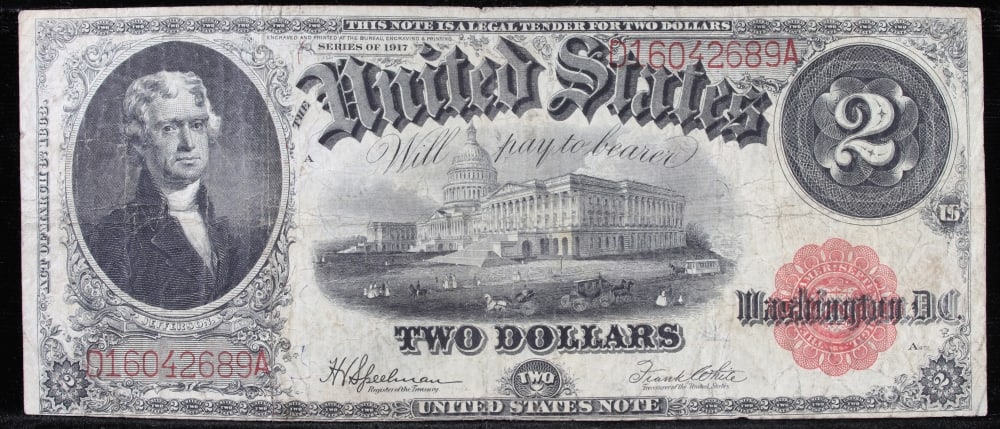 1917 $2 Large Size Legal Tender Note Thomas Jefferson Grades vf+ Signatures Speelman/White - 2