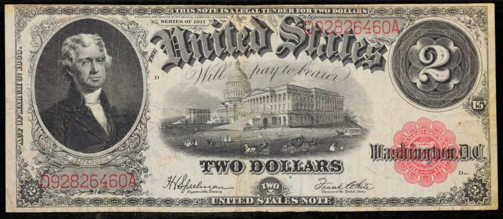 1917 $2 Large Size Legal Tender Note Thomas Jefferson Grades vf++ Signatures Speelman/White - 2
