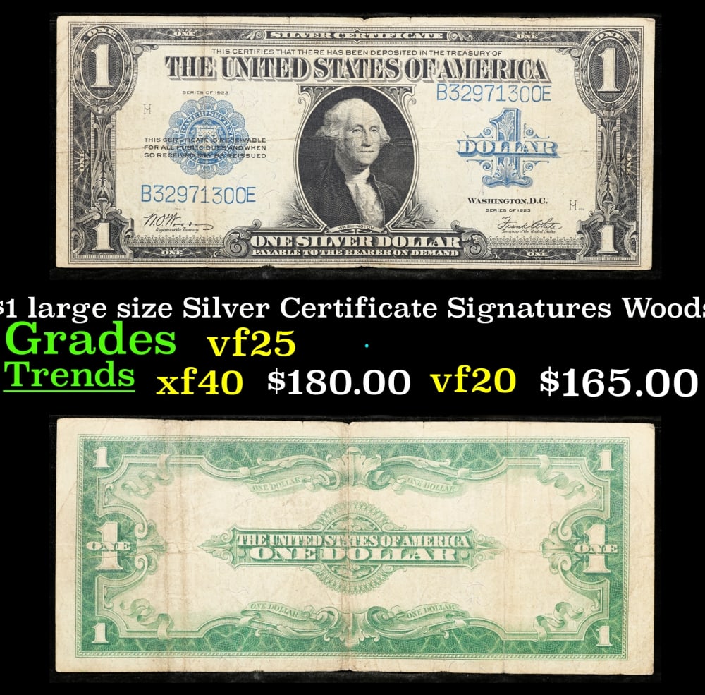 1923 $1 large size Silver Certificate Grades vf+ Signatures Woods/White: 1923 $1 large size Silver Certificate Grades vf+ Signatures Woods/White. Fr-238 The term “horse blanket” gets used a lot when talking about large size currency. It is most frequently used