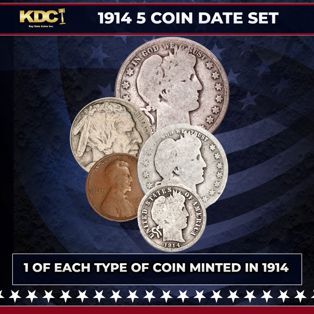 1914 5 Coin Date Set, 1 Of Each Type Of Coin Minted in 1914: 1914 5 Coin Date Set, 1 Of Each Type Of Coin Minted in 1914. Please Note All Backer Cards may have slight differences but will be very similar if not identical to the one in the photo