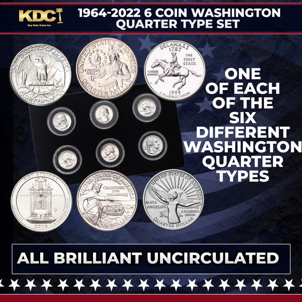 1964-2022 6 Coin Washington Quarter Type Set Uncirculated: 1964-2022 6 Coin Washington Quarter Type Set Uncirculated. Here’s the perfect gift for your favorite quarter collector! This 6-coin set shows changes spanning the Washington quarter series: