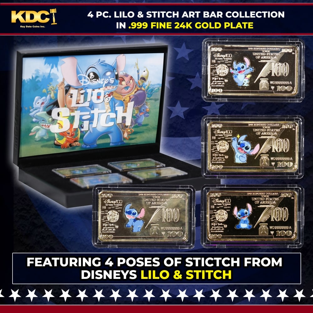 4 PC. Disney Lilo & Stitch Gold Plated Art Bar Collection In Custom Box W/ Special Backer card: 4 PC. Disney Lilo & Stitch Gold Plated Art Bar Collection In Custom Box W/ Special Backer card. Please Note All Backer Cards may have slight differences but will be very similar if not identical to th