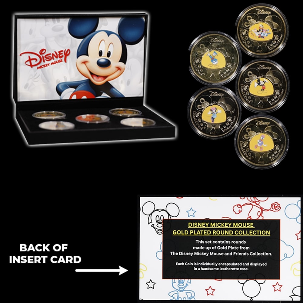 5 PC. Mickey Mouse & Friends Gold Plated Round Collection In Custom Box W/ Special Backer card - 5