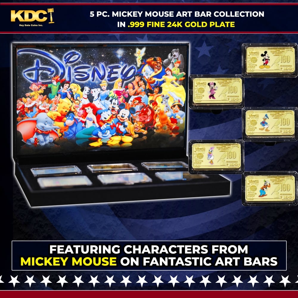 5 PC. Mickey Mouse Gold Plated Art Bar Collection In Custom Box W/ Special Backer card: 5 PC. Mickey Mouse Gold Plated Art Bar Collection In Custom Box W/ Special Backer card. Please Note All Backer Cards may have slight differences but will be very similar if not identical to the one in