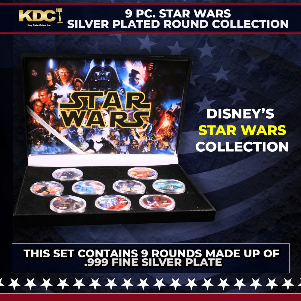 9 Coin Star Wars Silver Plated Round Collection: 9 Coin Star Wars Silver Plated Round Collection. 10 OZ .999 Fine Silver Set General Motors Collection. This set contains ten 1 oz rounds of .999 Fine Silver from The General Motors Collection.You will