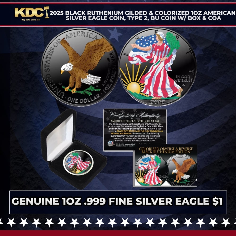 2025 Black Ruthenium Gilded & Colorized 1oz American Silver Eagle Coin, Type 2, BU Coin w/ Box & ...: 2025 Black Ruthenium Gilded & Colorized 1oz American Silver Eagle Coin, Type 2, BU Coin w/ Box & COA. This stunning 2025 1 oz Silver American Eagle has been gilded with Black Ruthenium and features a 