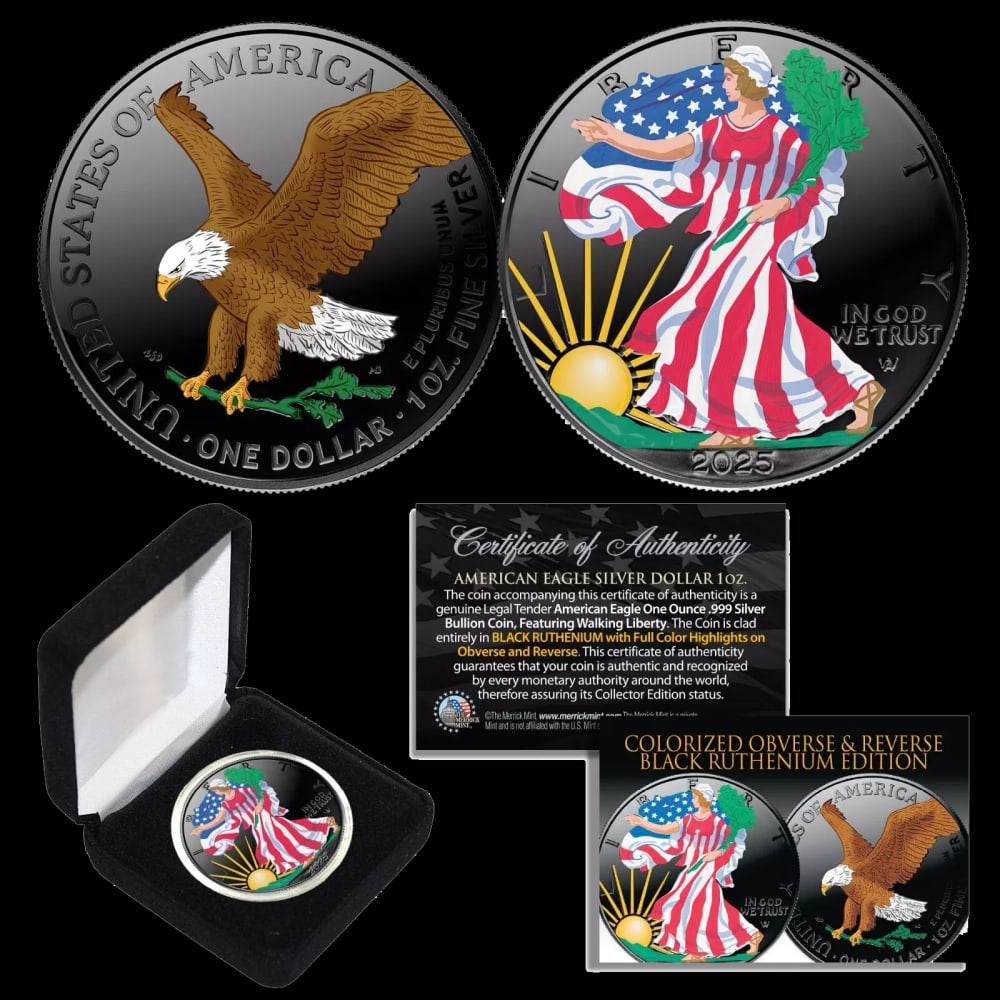 2025 Black Ruthenium Gilded & Colorized 1oz American Silver Eagle Coin, Type 2, BU Coin w/ Box & ... - 2