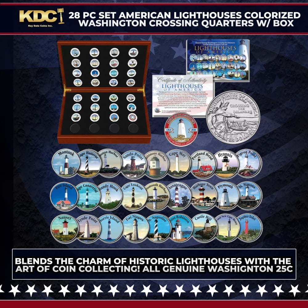 28 Pc Set Historic American Lighthouses Colorized Washington Crossing Delaware Quarters w/ BOX Ot... (1 of 2)