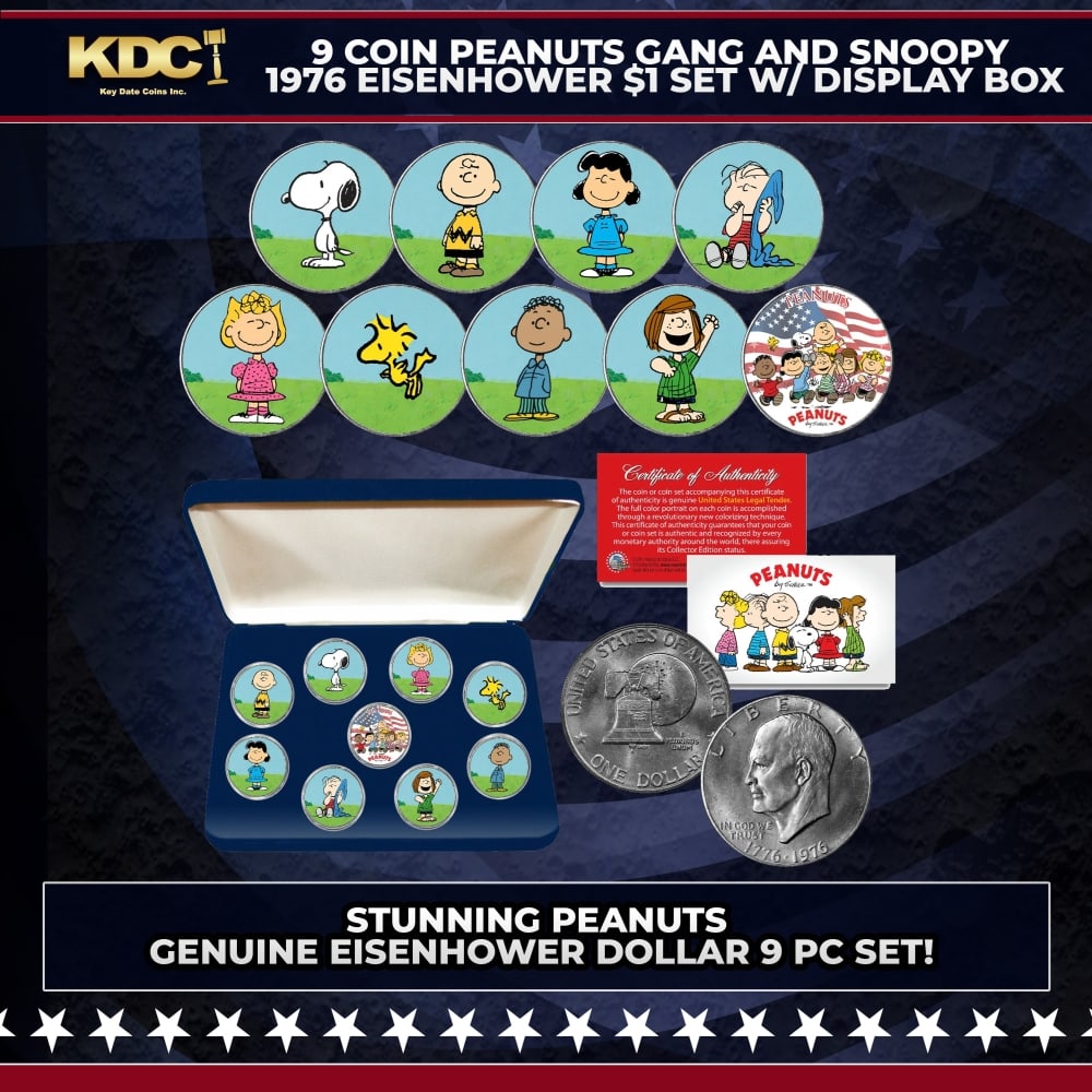 9 Coin Charlie Brown Peanuts Gang and Snoopy 1976 Eisenhower $1 Set w/ Display Box Other Toy: 9 Coin Charlie Brown Peanuts Gang and Snoopy 1976 Eisenhower $1 Set w/ Display Box. Here’s your opportunity to own a stunning PEANUTS Eisenhower Dollar U.S. 9-Coin Set. These legal tender United