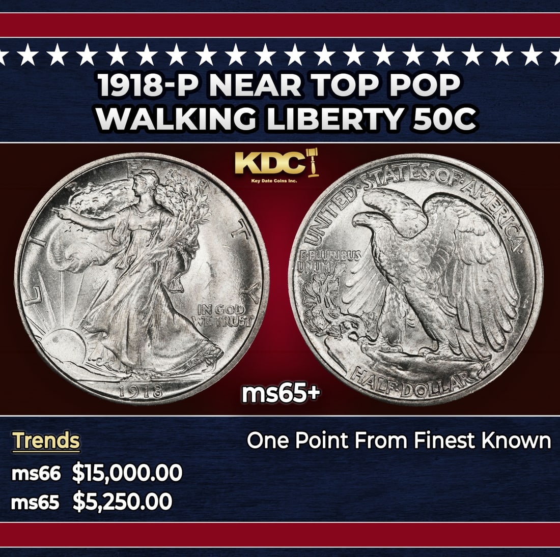1918-p Walking Liberty Half Dollar Near Top Pop 50c ms65+ SEGS: 1918-p Near Top Pop Walking Liberty Half Dollar 50c ms65+ SEGS.