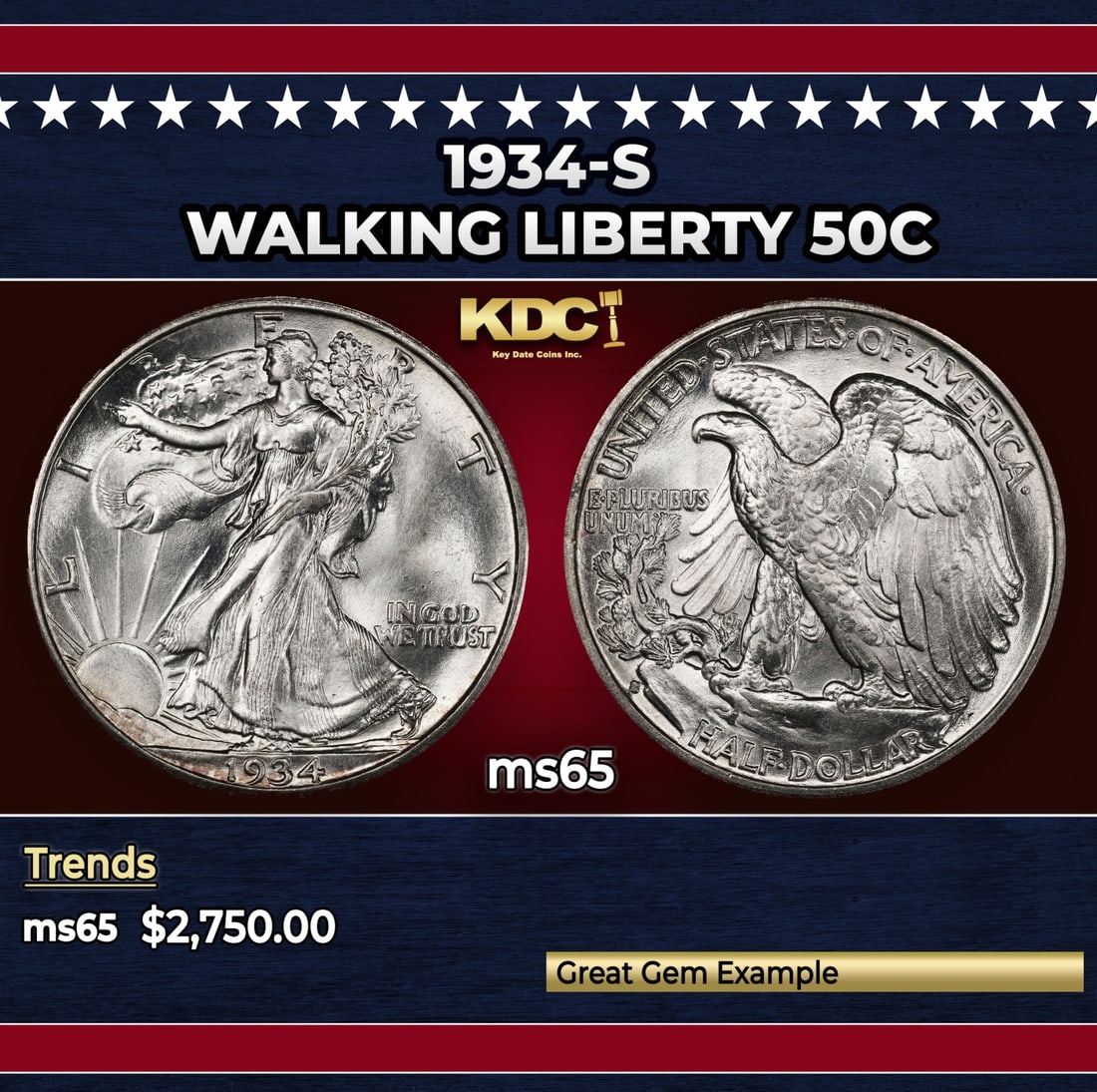 1934-s Walking Liberty Half Dollar 50c ms65 SEGS: 1934-s Walking Liberty Half Dollar 50c ms65 SEGS.