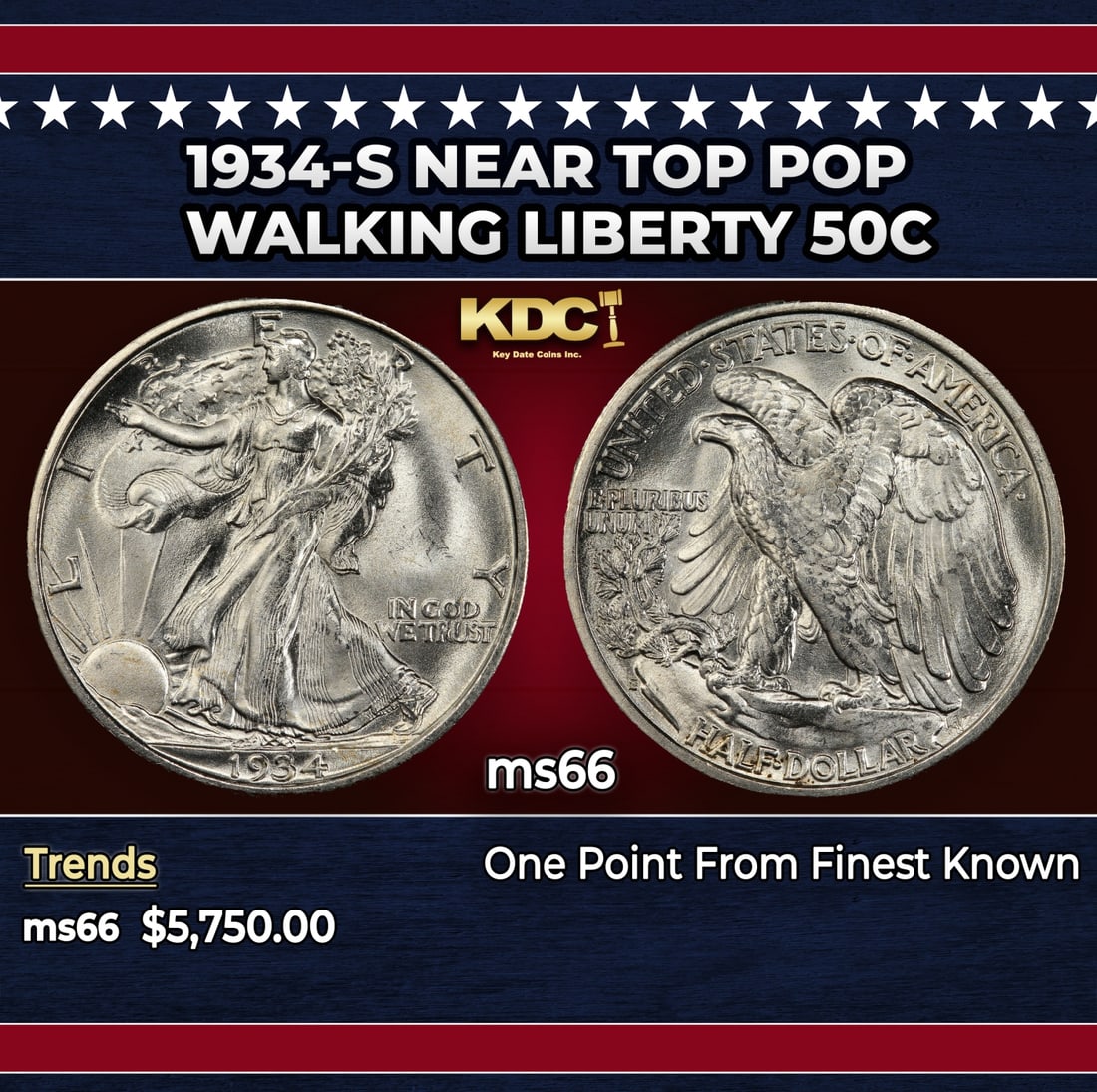 1934-s Walking Liberty Half Dollar Near Top Pop 50c ms66 SEGS: 1934-s Near Top Pop Walking Liberty Half Dollar 50c ms66 SEGS.