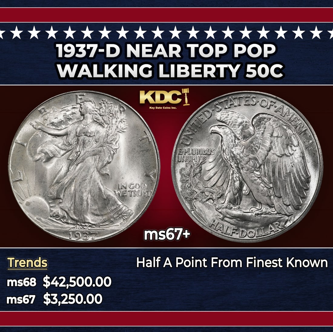 1937-d Walking Liberty Half Dollar Near Top Pop 50c ms67+ SEGS: 1937-d Near Top Pop Walking Liberty Half Dollar 50c ms67+ SEGS.