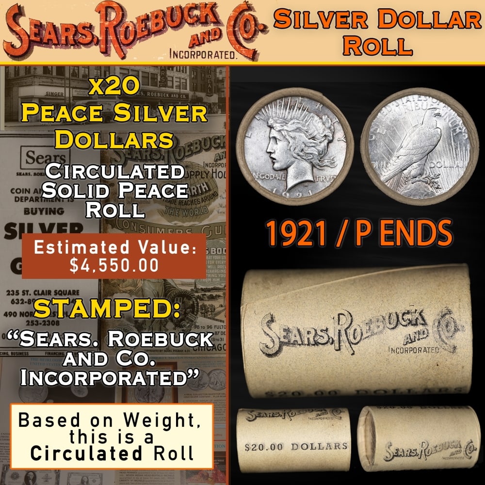 20 SEARS Peace Silver Dollar $1 Coin Roll Circ 1921/'P' Rev Ends: 20 SEARS Peace Silver Dollar $1 Coin Roll Circ 1921/'P' Rev Ends. Up For Auction is a 20- 20 SEARS Peace Silver Dollar $1 Coin Roll Circ 1921/'P' Rev Ends Roll Weighing 523.6 g Based On this weight