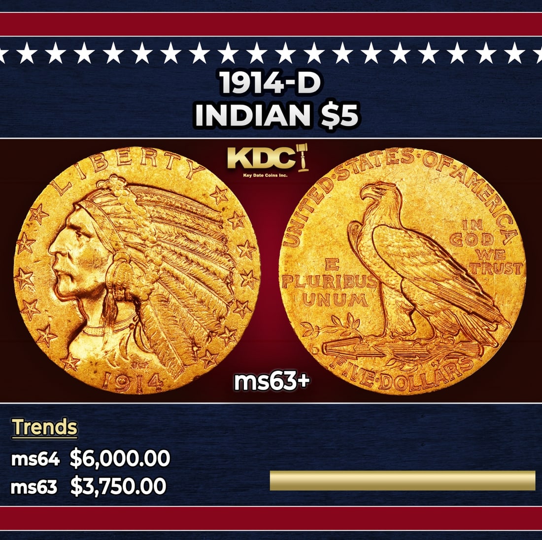 1914-d Gold Indian Half Eagle $5 ms63+ USCG: 1914-d Gold Indian Half Eagle $5 ms63+ USCG.