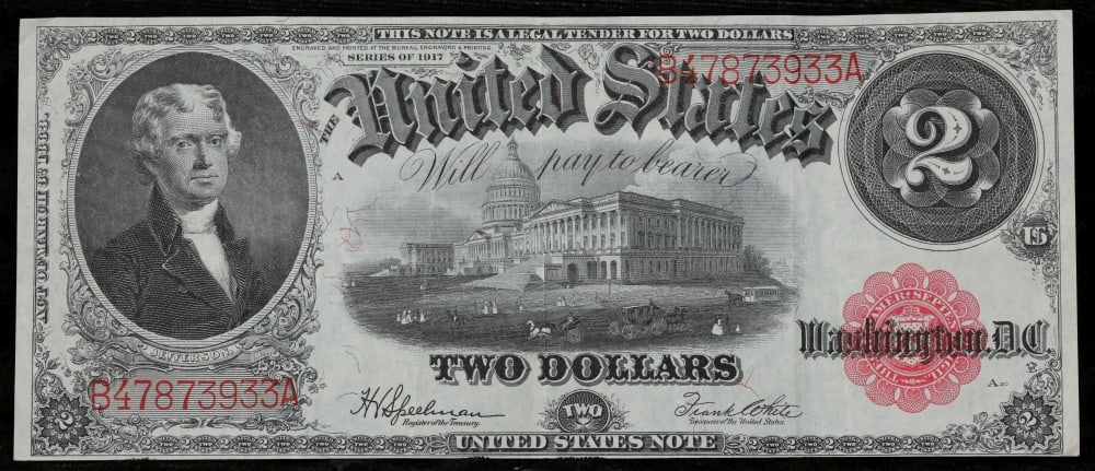 1917 $2 Large Size Legal Tender Note Thomas Jefferson Grades Select AU Signatures Speelman/White - 2