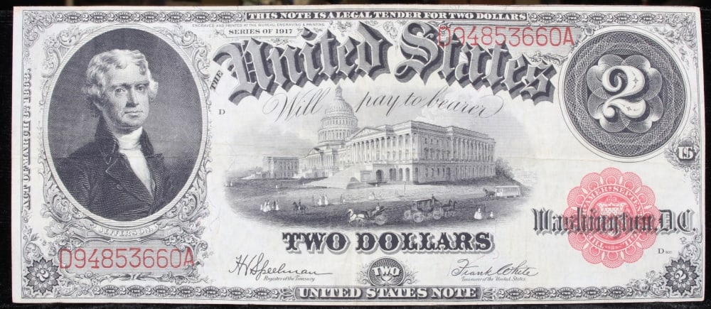 1917 $2 Large Size Legal Tender Note Thomas Jefferson Grades f+ Signatures Speelman/White - 2