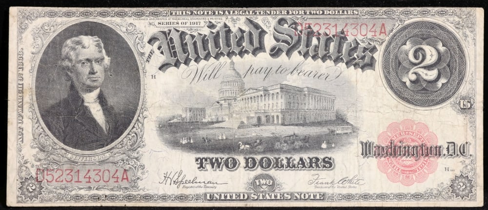 1917 $2 Large Size Legal Tender Note Thomas Jefferson Grades vf++ Signatures Speelman/White - 2