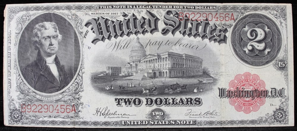 1917 $2 Large Size Legal Tender Note Thomas Jefferson Grades xf Signatures Speelman/White - 2