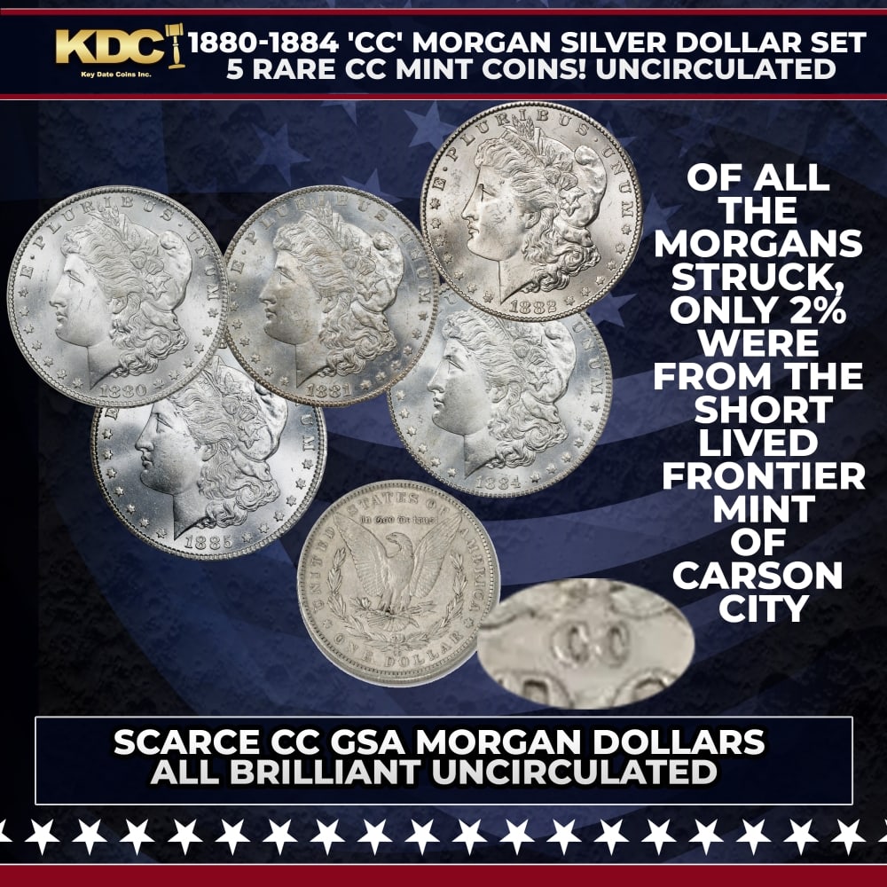 1880-1884 'CC' Morgan Silver Dollar Set, 5 RARE CC Mint Coins! Uncirculated: 1880-1884 'CC' Morgan Silver Dollar Set, 5 RARE CC Mint Coins! Uncirculated. The Carson City Mint Morgans You’ve Been Searching For…1880–1884!For starters, only 2% of all vintage Mor