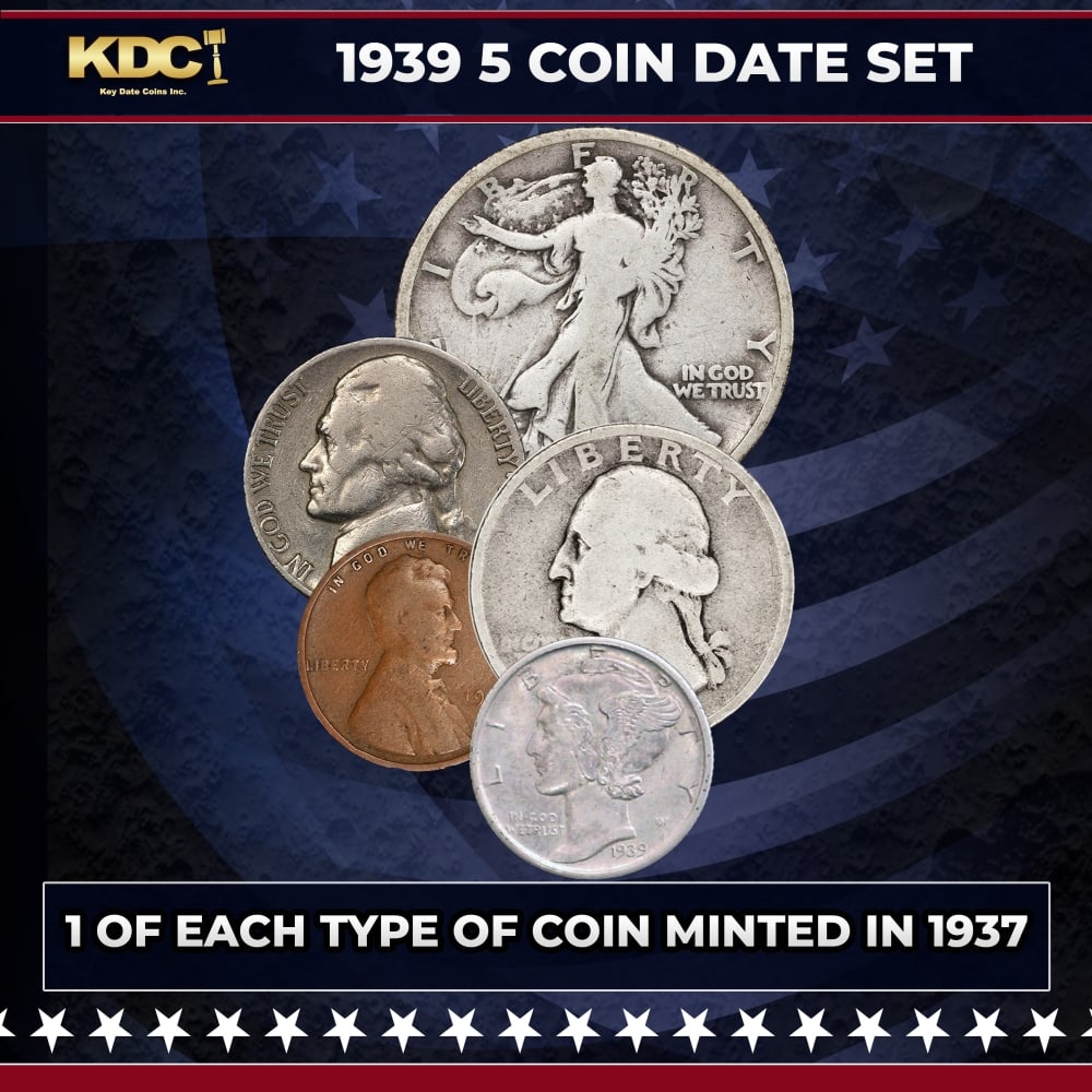 1939 5 Coin Date Set, 1 Of Each Type Of Coin Minted in 1939: 1939 5 Coin Date Set, 1 Of Each Type Of Coin Minted in 1939. Please Note All Backer Cards may have slight differences but will be very similar if not identical to the one in the photo