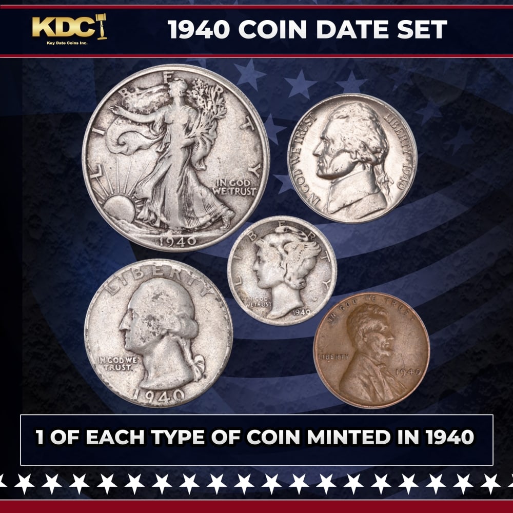 1940 5 Coin Date Set, 1 Of Each Type Of Coin Minted in 1940: 1940 5 Coin Date Set, 1 Of Each Type Of Coin Minted in 1940. If you're a fan of U.S. coins, you'll love this popular Year Set from 1940. This set includes some of America's most sought-after coins. In