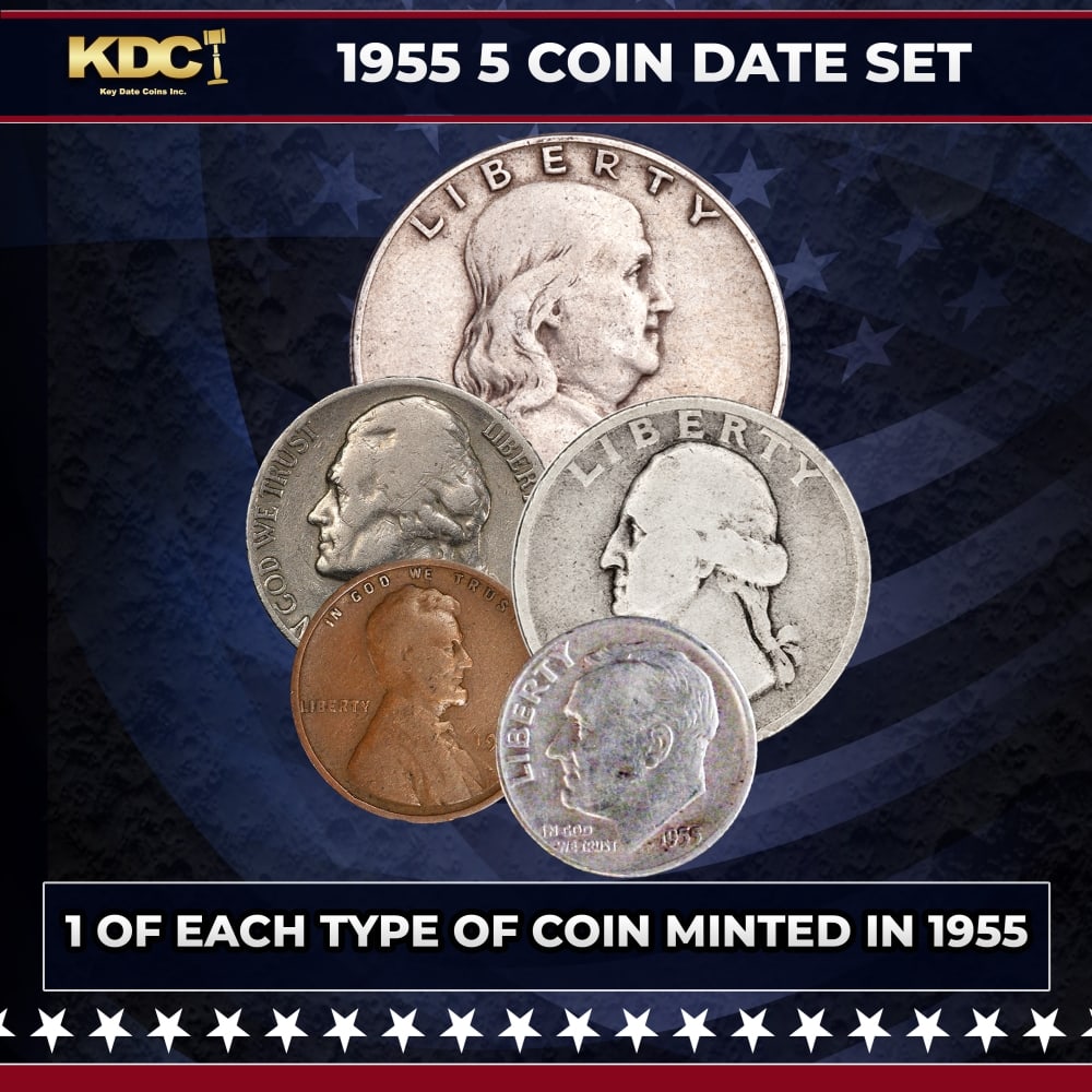 1955 5 Coin Date Set, 1 Of Each Type Of Coin Minted in 1955: 1955 5 Coin Date Set, 1 Of Each Type Of Coin Minted in 1955. Please Note All Backer Cards may have slight differences but will be very similar if not identical to the one in the photo