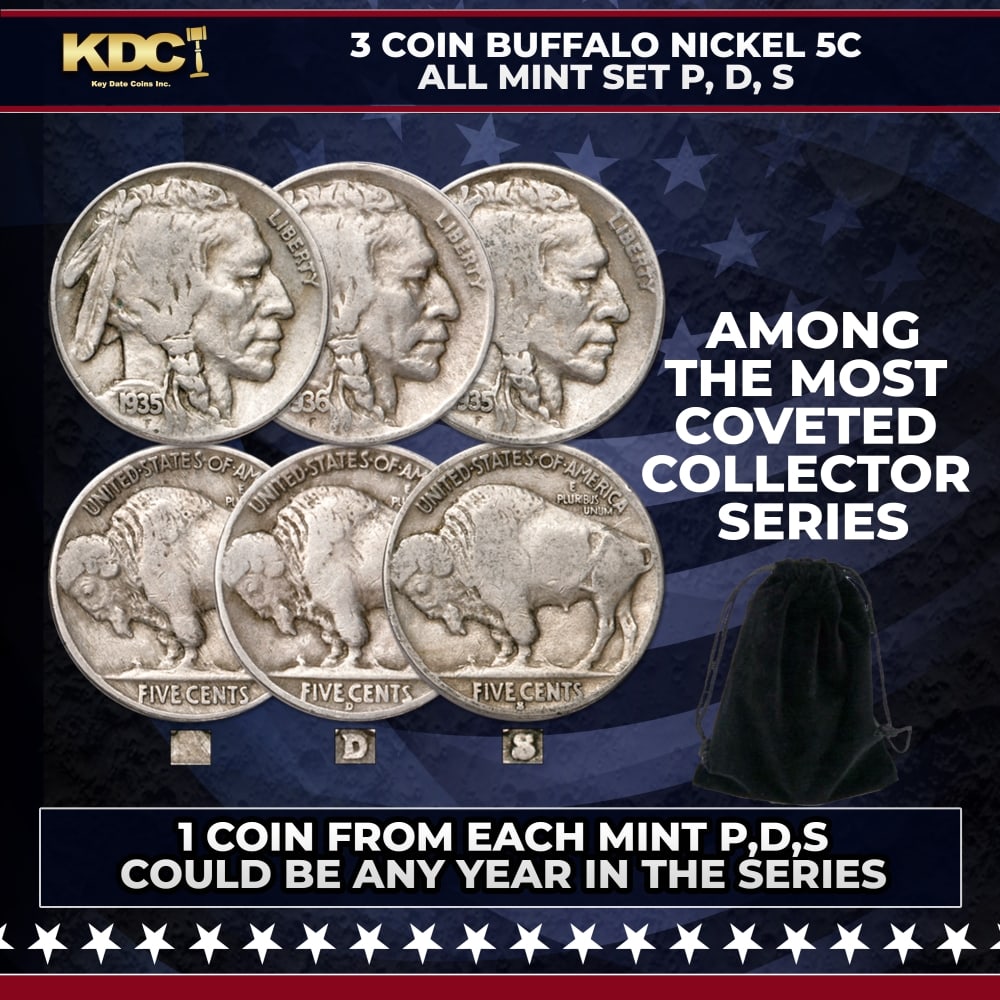 3 Coin Buffalo Nickel 5c All Mint Set P,D,S Random Year: 3 Coin Buffalo Nickel 5c All Mint Set P,D,S Random Year. Avidly pursued by collectors, Buffalo nickels capture the spirit of the Old West. The designer James Earle Fraser chose the profile of a